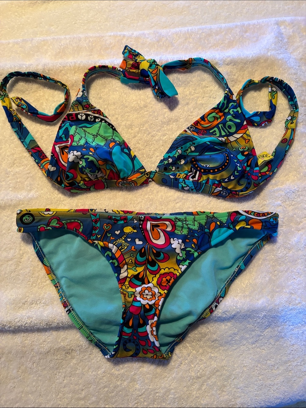 Vintage Surfside Peace &Love Turquoise Multi-Color Printed Bikini Set
